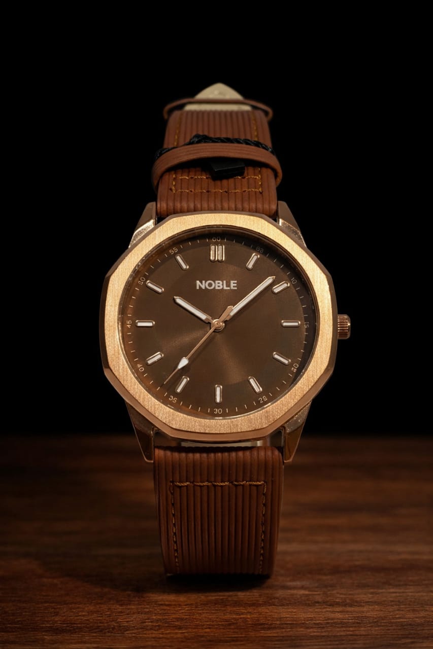 NOBEL Black & Rose Gold Leather Strap Watch