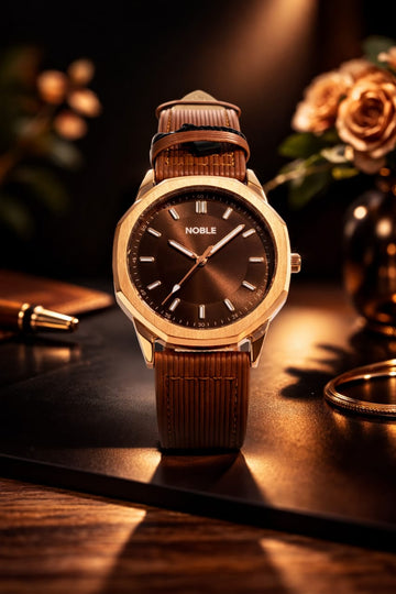 NOBEL Black & Rose Gold Leather Strap Watch