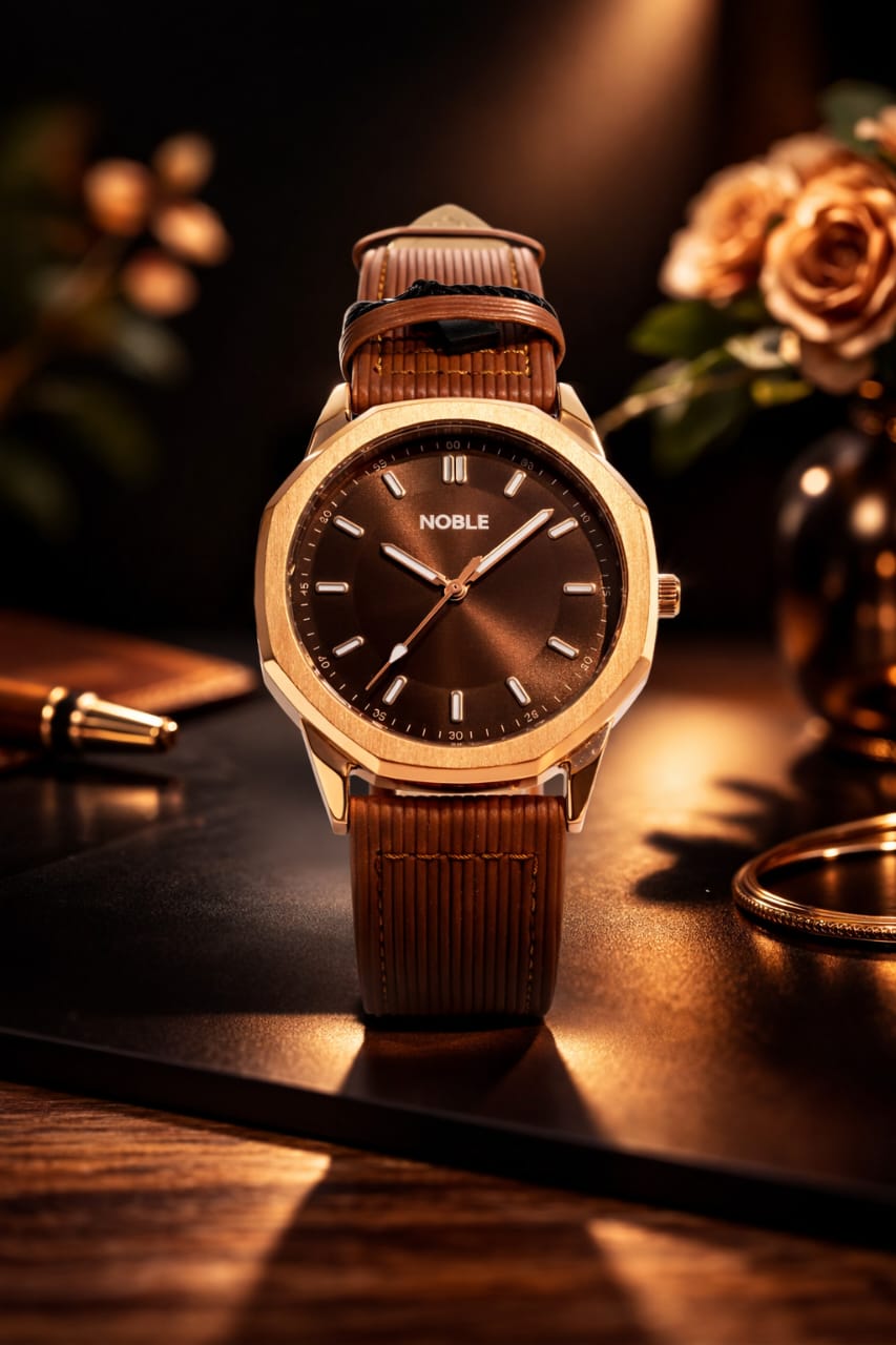 NOBEL Black & Rose Gold Leather Strap Watch